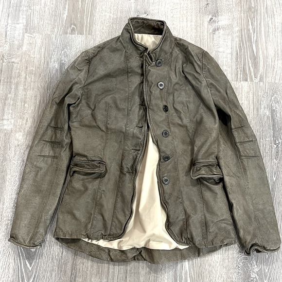 Y2K Anthropologie Jakett New York Grey Leather Military Jacket - Picture 1 of 7